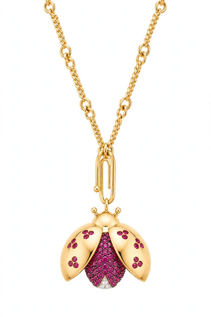 18K Yellow Gold Ladybug Pendant Necklace.