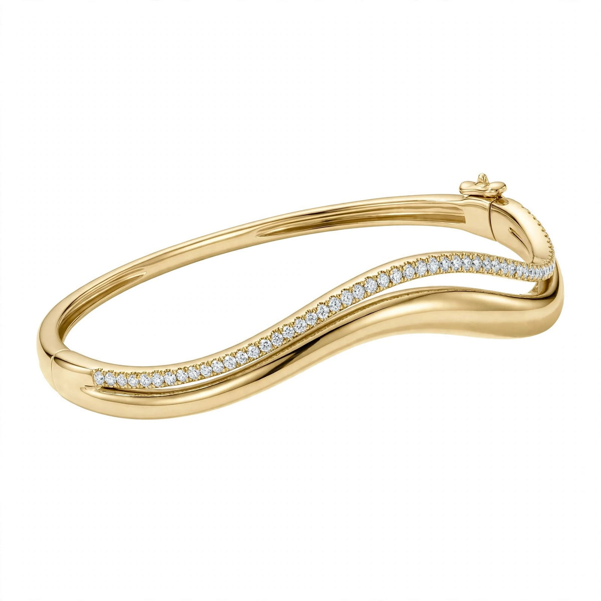 14K Yellow Gold Double Wave Pavé Diamond Bangle Bracelet
