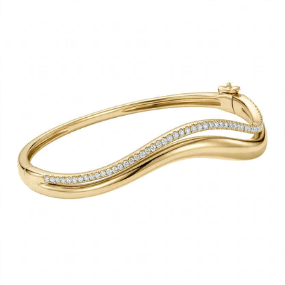 14K Yellow Gold Double Wave Pavé Diamond Bangle Bracelet