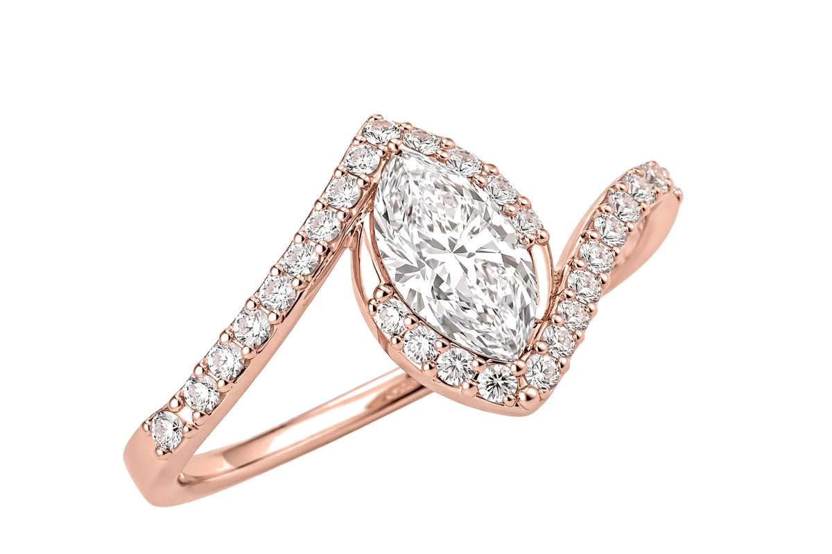14K Yellow Gold Marquise Diamond Bypass Engagement Ring with Pavé Halo.
