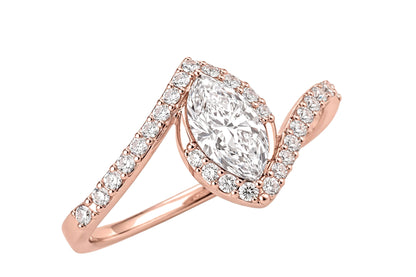14K Yellow Gold Marquise Diamond Bypass Engagement Ring with Pavé Halo.