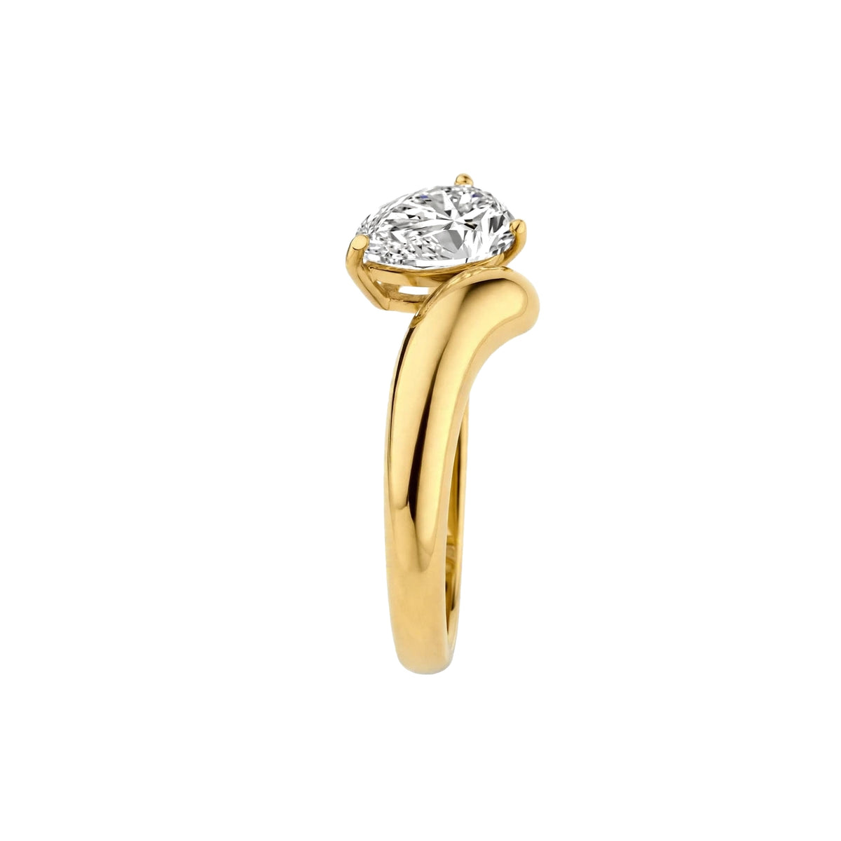 18K Yellow Gold Asymmetric Pear Cut Diamond Engagement Ring.