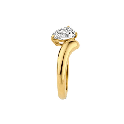 18K Yellow Gold Asymmetric Pear Cut Diamond Engagement Ring.