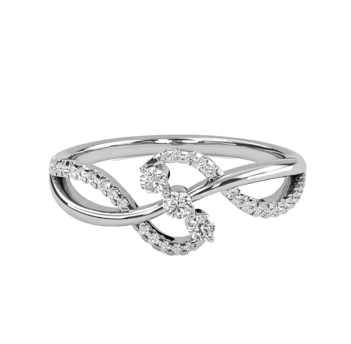 14K Yellow Gold Infinity Twist Three Stone Bypass Diamond Ring.