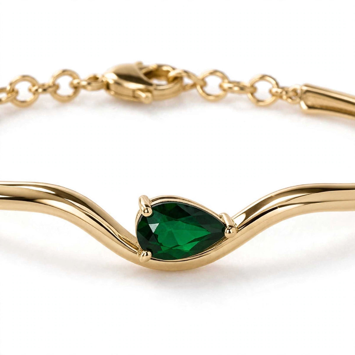 14K Yellow Gold Minimalist Pear-Shaped Emerald Asymmetric Wave Bangle Bracelet