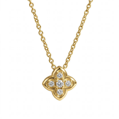 18K Yellow Gold Four-Petal Flower Diamond Pendant Necklace