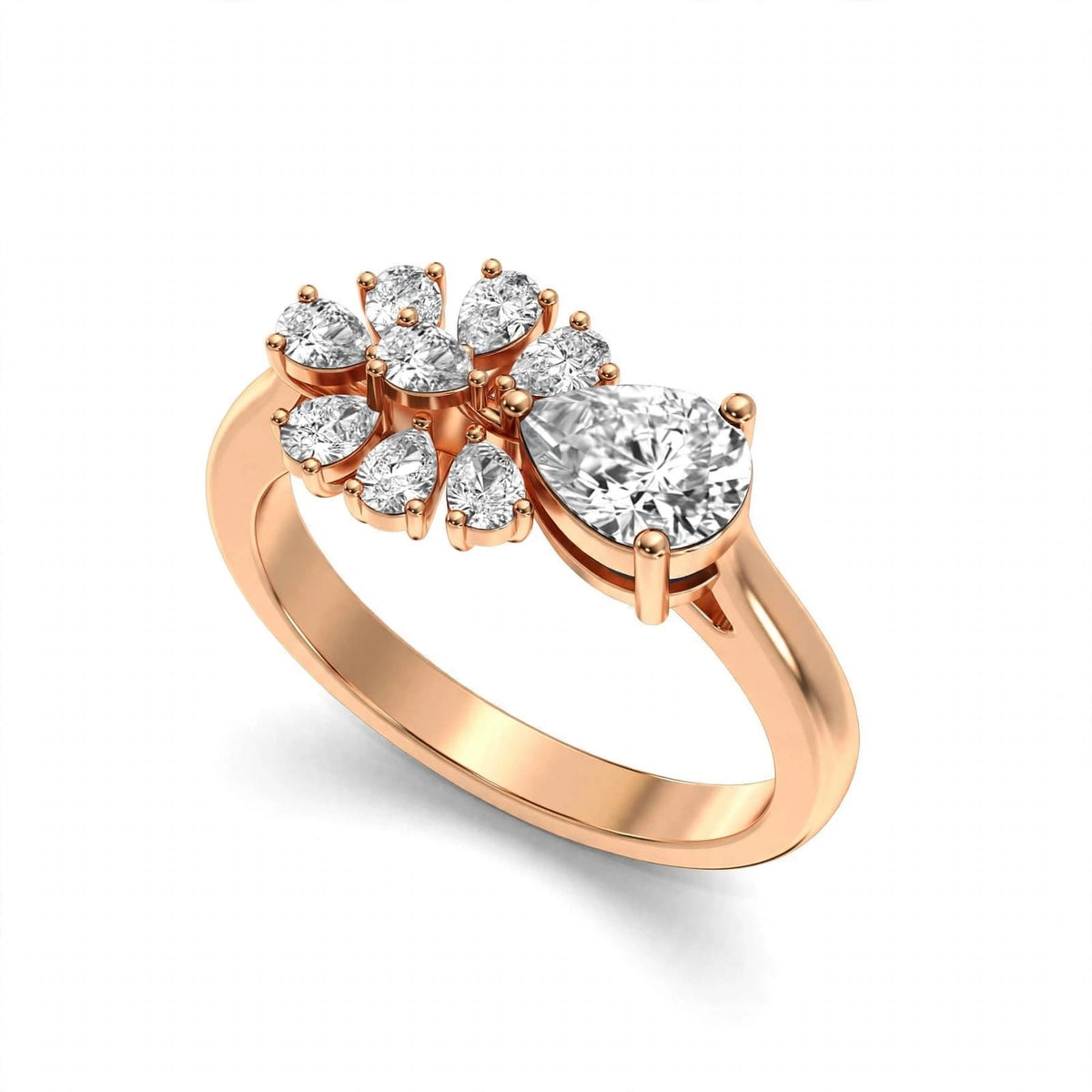 Nature-Inspired Pear Diamond Flower Petal Cluster Ring