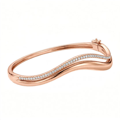 14K Yellow Gold Double Wave Pavé Diamond Bangle Bracelet