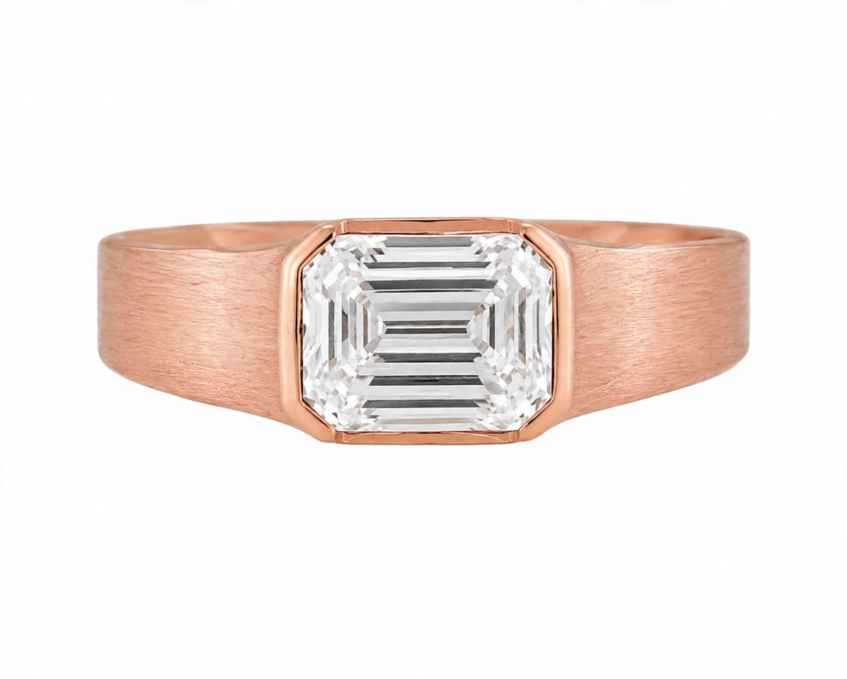 East-west emerald-cut diamond ring.
