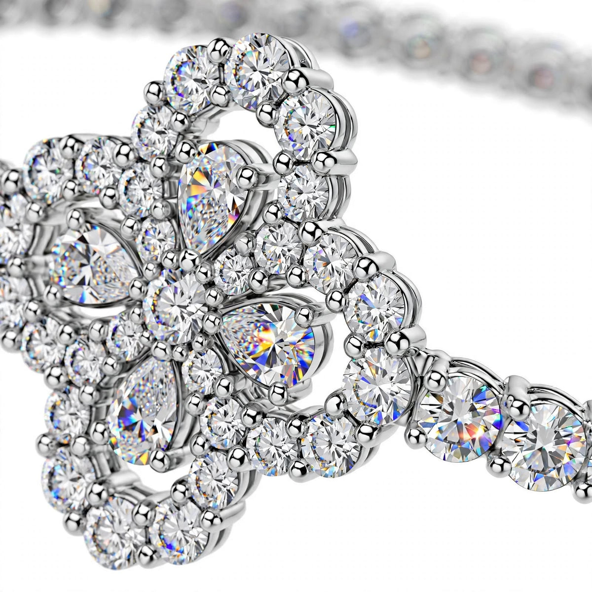 18K White Gold Pear and Round Cut Diamond Clover Charm Tennis Bracelet