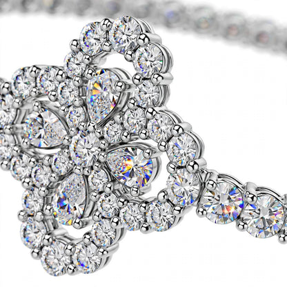 18K White Gold Pear and Round Cut Diamond Clover Charm Tennis Bracelet