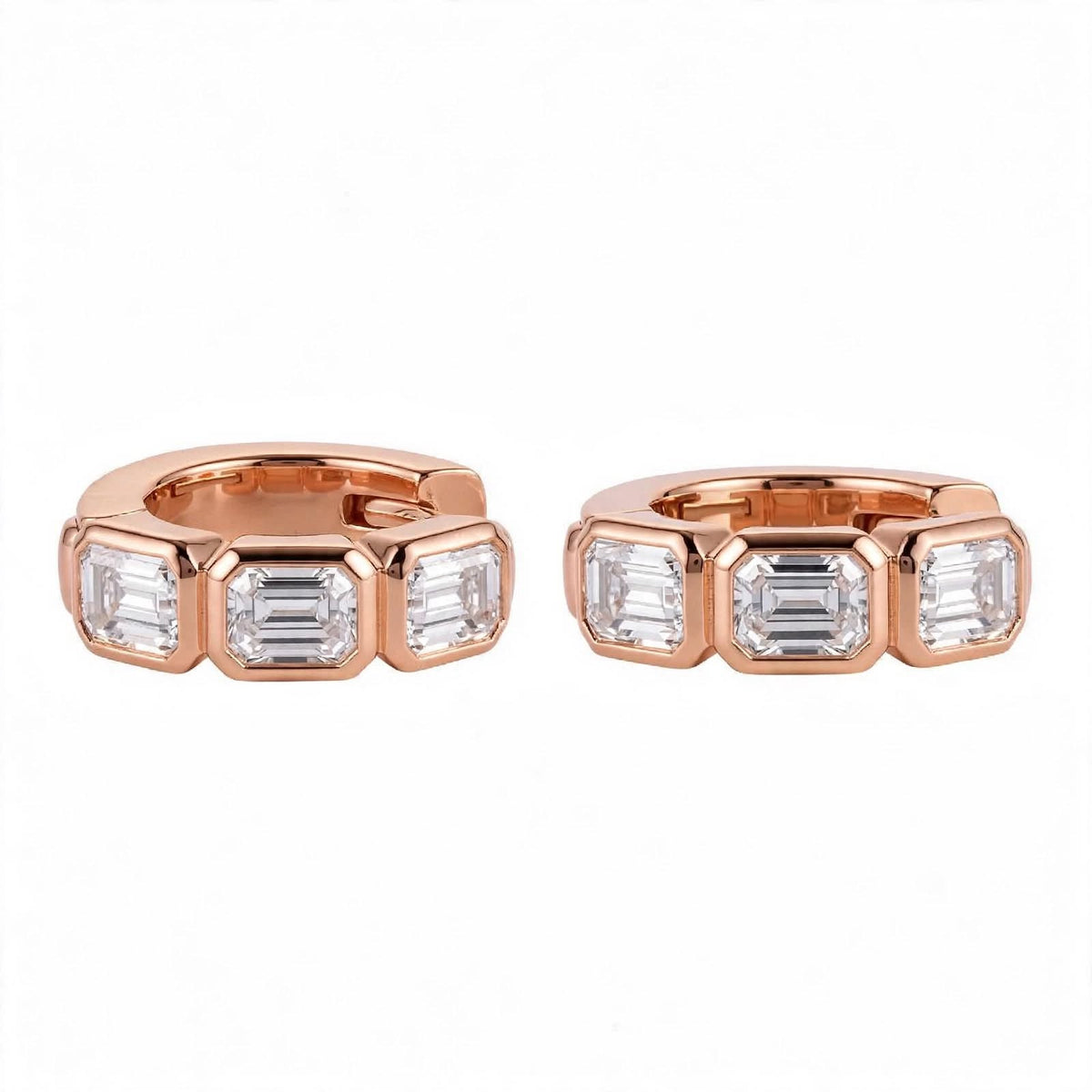 18K Rose Gold Bezel-Set Emerald-Cut Diamond Huggie Hoop Earrings