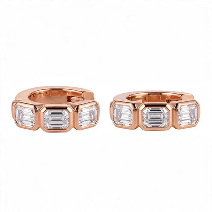 18K Rose Gold Bezel-Set Emerald-Cut Diamond Huggie Hoop Earrings