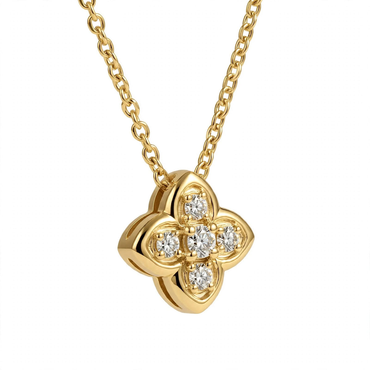 18K Yellow Gold Four-Petal Flower Diamond Pendant Necklace