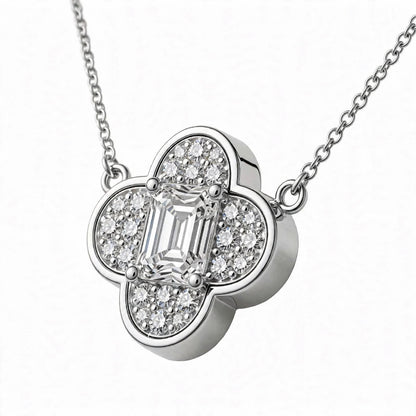18K Yellow Gold Emerald-Cut Diamond Clover Pendant Necklace