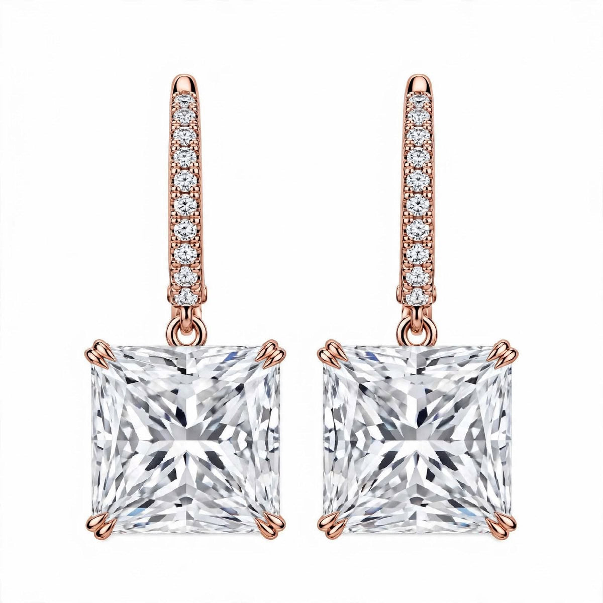 14K Yellow Gold Princess Cut Diamond Huggie Drop Earrings