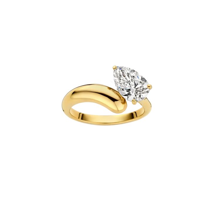 18K Yellow Gold Asymmetric Pear Cut Diamond Engagement Ring.