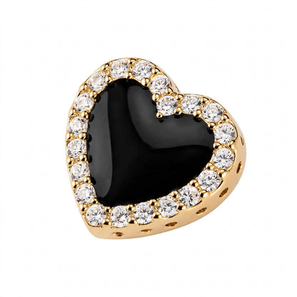 14K Yellow Gold Black Onyx Heart Stud Earrings with Diamond Halo