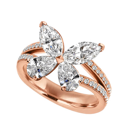 14K Yellow Gold Butterfly Diamond Statement Ring – Marquise & Pear Cut Cluster Accent.