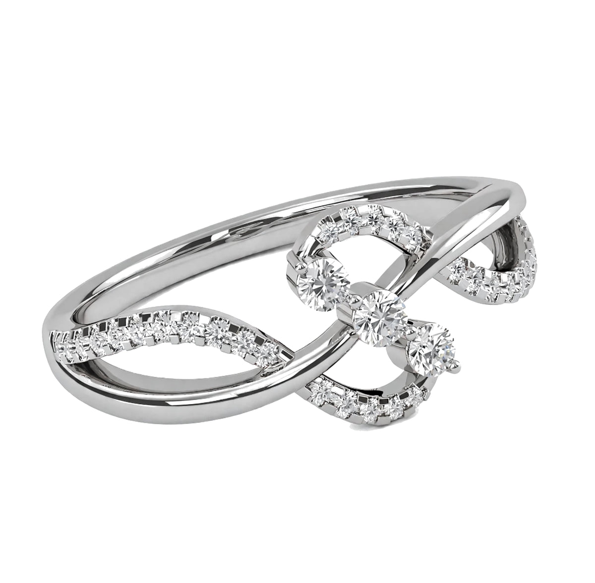 14K Yellow Gold Infinity Twist Three Stone Bypass Diamond Ring.