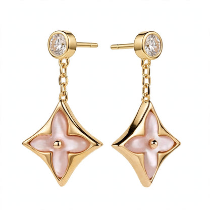 Handmade Pink Mother of Pearl Clover Drop Earrings in Gold Filled.