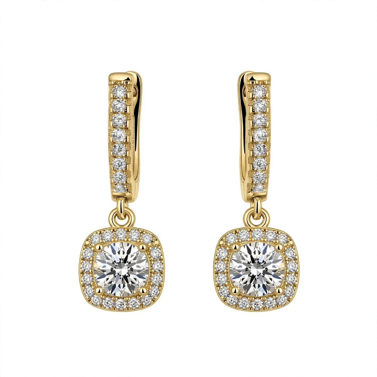 14K Yellow Gold Cushion Halo Dangle Drop Earrings