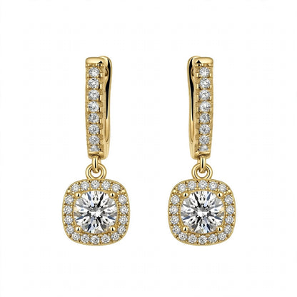 14K Yellow Gold Cushion Halo Dangle Drop Earrings
