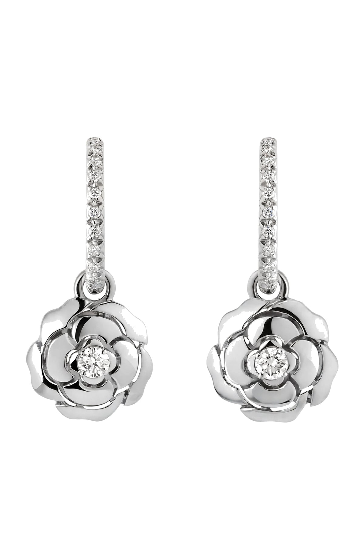 18K Rose Gold Camellia Flower Drop Earrings with Brilliant Diamonds.