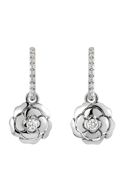 18K Rose Gold Camellia Flower Drop Earrings with Brilliant Diamonds.