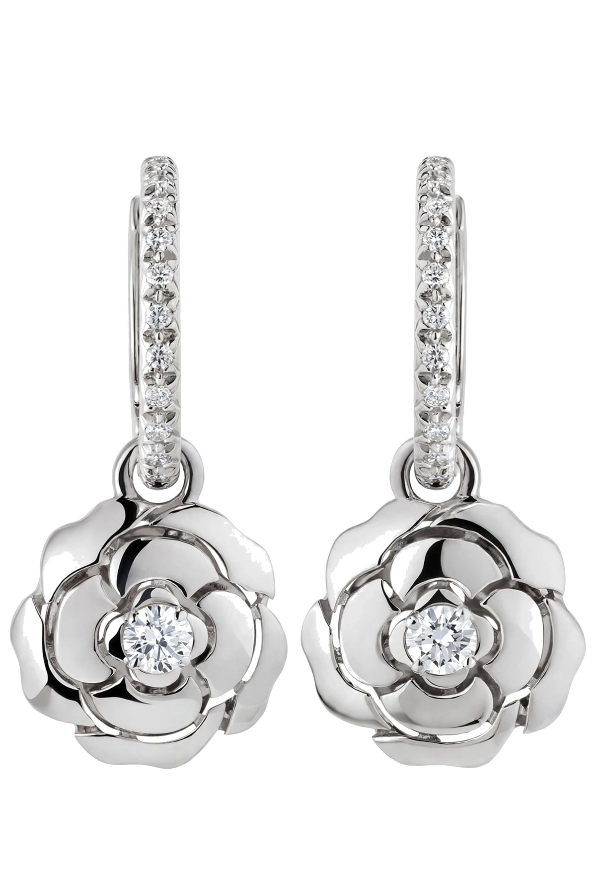 18K Rose Gold Camellia Flower Drop Earrings with Brilliant Diamonds.