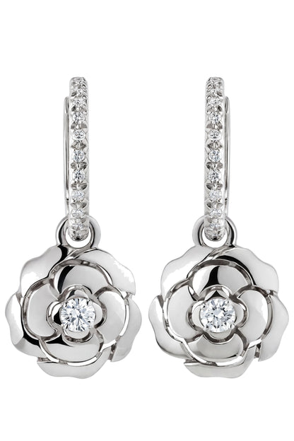 18K Rose Gold Camellia Flower Drop Earrings with Brilliant Diamonds.