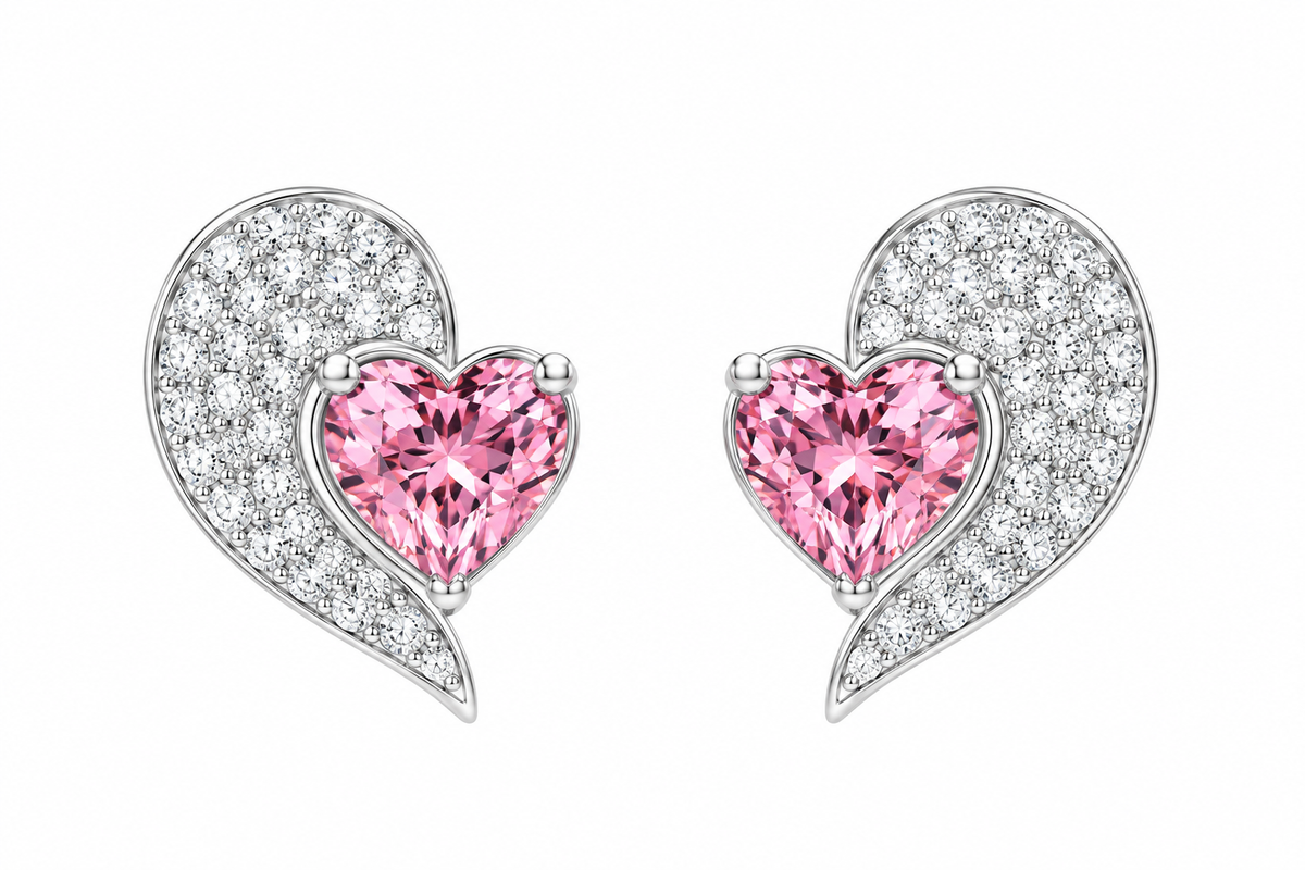 925 Sterling Silver Pink Heart Stud Earrings | Pavé Crystal Jewelry.