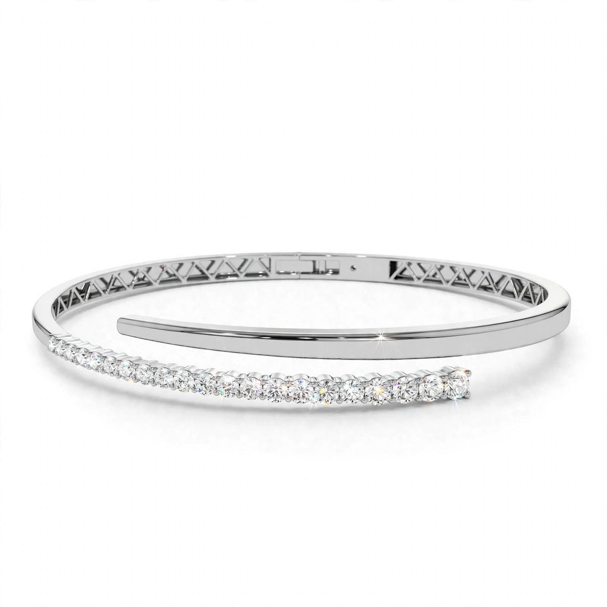 14K White Gold Cross Over Graduating Diamond Bypass Bangle Bracelet