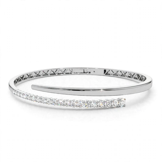 14K White Gold Cross Over Graduating Diamond Bypass Bangle Bracelet