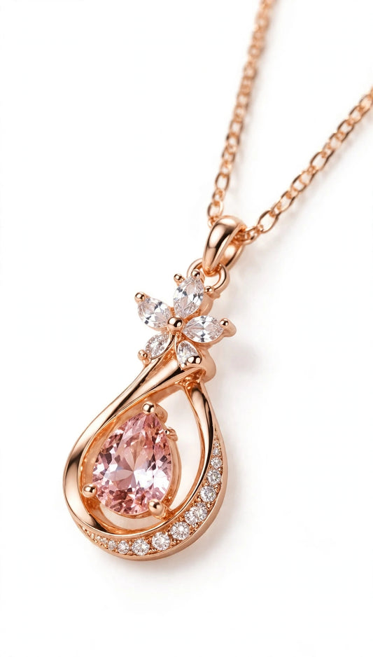 18K Rose Gold Floral Pear-Cut Peach Pink Crystal Teardrop Necklace.