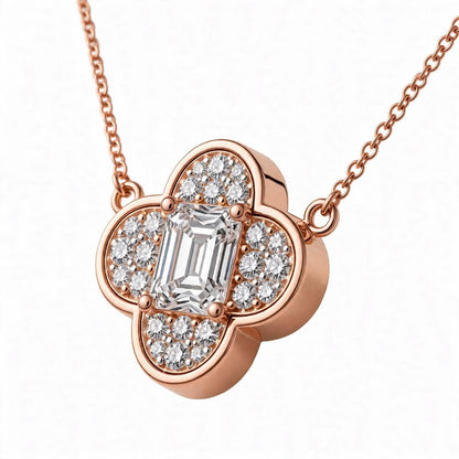 18K Yellow Gold Emerald-Cut Diamond Clover Pendant Necklace