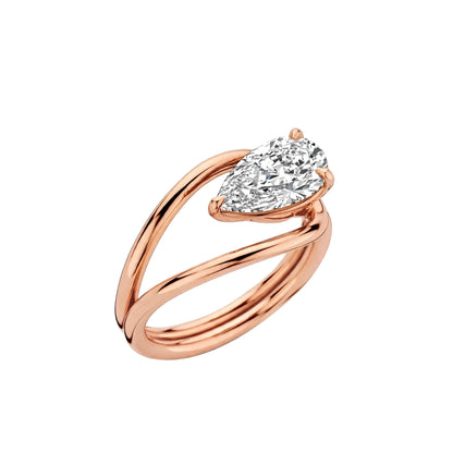 14K Yellow Gold Sculptural Pear-Shaped Diamond Wave Ring.