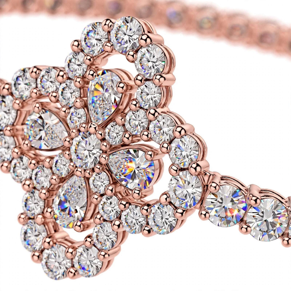 18K White Gold Pear and Round Cut Diamond Clover Charm Tennis Bracelet