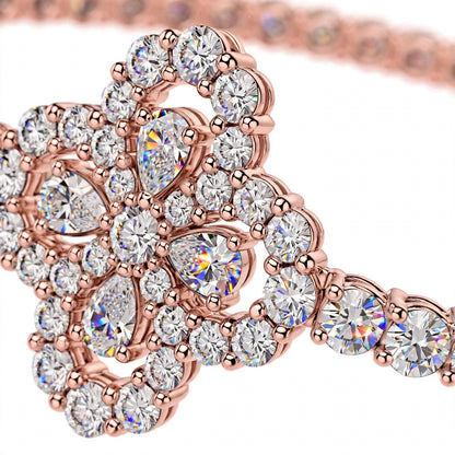 18K White Gold Pear and Round Cut Diamond Clover Charm Tennis Bracelet