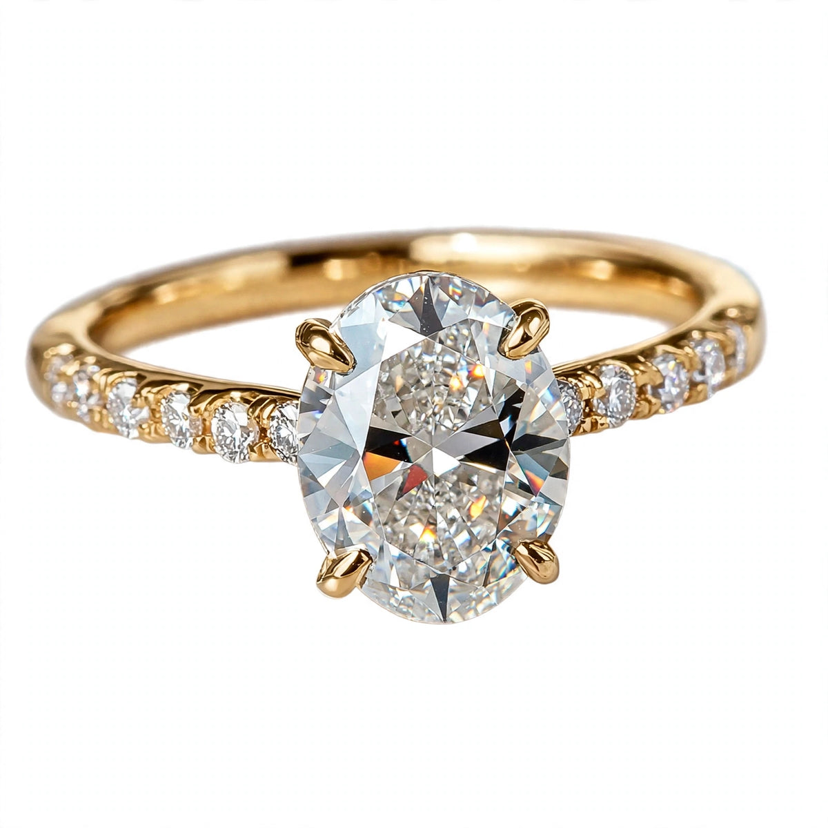 14K Yellow Gold Oval Cut Diamond Engagement Ring with Pavé Band