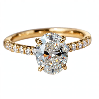 14K Yellow Gold Oval Cut Diamond Engagement Ring with Pavé Band