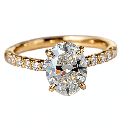 14K Yellow Gold Oval Cut Diamond Engagement Ring with Pavé Band