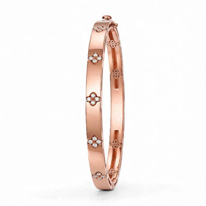18K Yellow Gold Diamond Flower Station Bangle Bracelet