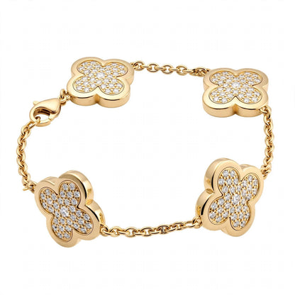 18K Yellow Gold Pavé Diamond Clover Charm Link Bracelet
