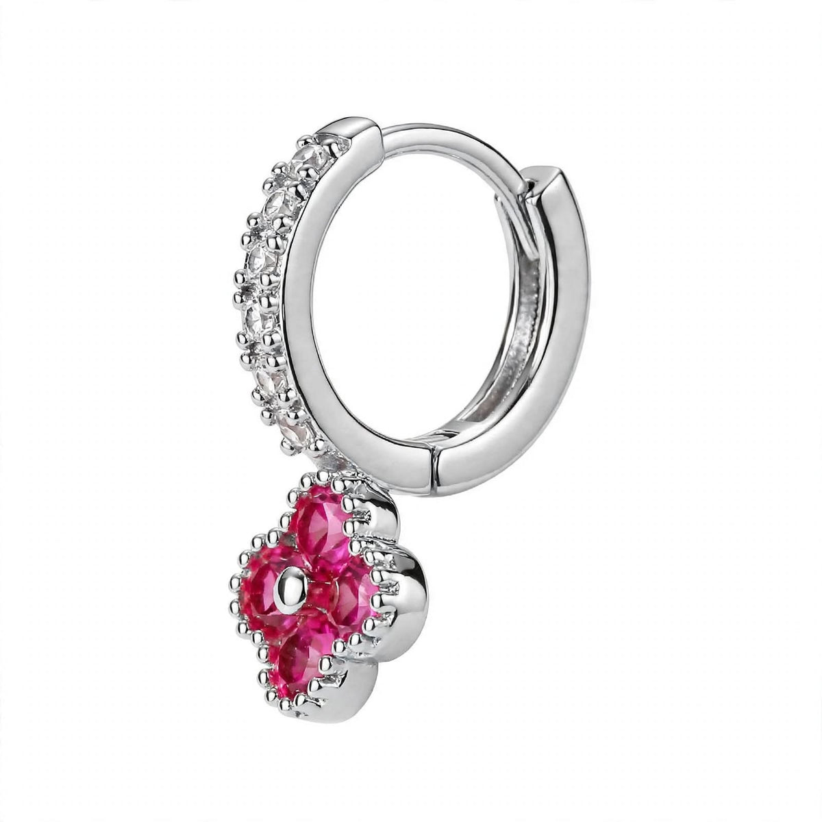 925 Sterling Silver Pink Ruby Clover Huggie Hoop Earrings