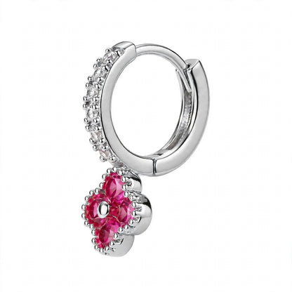 925 Sterling Silver Pink Ruby Clover Huggie Hoop Earrings
