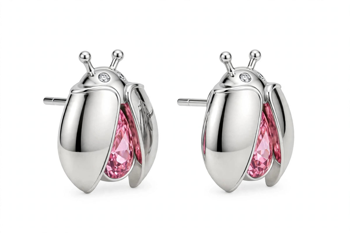 14K Gold Ladybug Stud Earrings with Pear-Cut Pink Zirconia & Crystal Eyes.