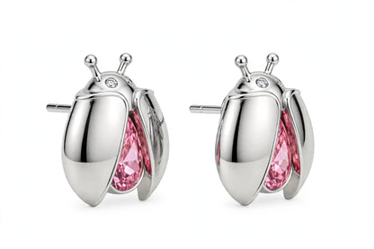 14K Gold Ladybug Stud Earrings with Pear-Cut Pink Zirconia & Crystal Eyes.