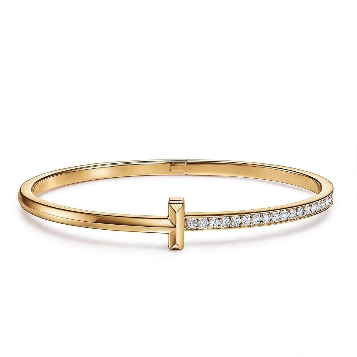 18K Yellow Gold Pavé Diamond T-Bar Hinged Bangle Bracelet