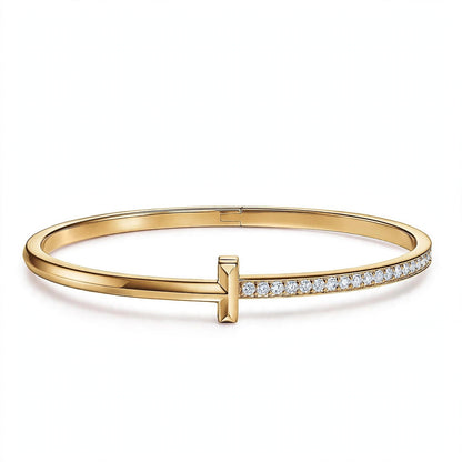 18K Yellow Gold Pavé Diamond T-Bar Hinged Bangle Bracelet